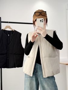 เสื้อกั๊กผ้าฝ้ายหลวมๆ สไตล์เกาหลีไซส์ใหญ่สำหรับฤดูหนาวปี 2025 เสื้อแจ็คเก็ตแขนกุดแบบลำลอง กระดุม เสื้อคลุมผู้หญิง