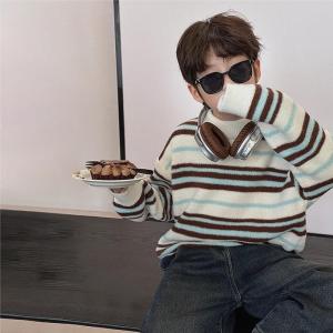 Thickened Stripe Knitted Sweater for Boys Trendy Korean Style Long Sleeve round Neck Pullover Winter New Arrival Childrens Fashionable Top