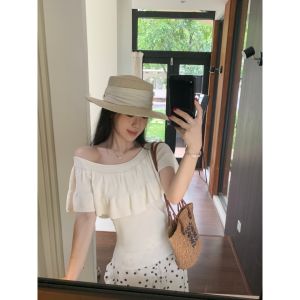 Ruffled Off-Shoulder Knitted Top Slim Fit