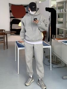 Hooded Gray Sweatshirt Outwear Mens Trousers Suit Autumn and Winter Loose American Casual Oversize Trendy Two-piece Set