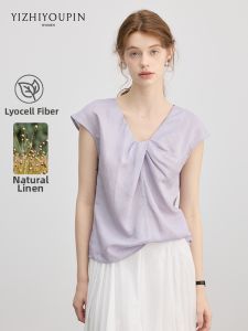 French Linen Blend Short Sleeve Shirt V-Neck Tying Design Slim Fit