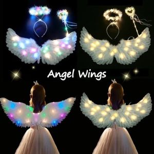 Luminous White Angel Feather Wings Costume Headband Fairy Props for Childrens Day Halloween Costume