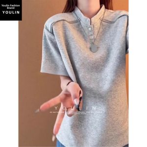 YOULIN | Deconstructed Henry Collar Retro Summer T-shirt 5 Quarter Sleeves