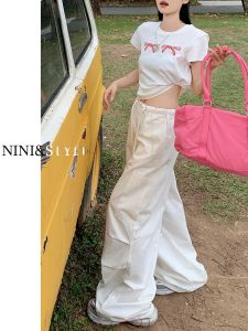 White Parachute Work Pants Women Summer Thin Straight Leg Quick Dry Loose Wide Leg Pants Princess Style High Waist Long Trousers
