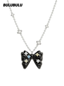 BULUBULU | Black Bow Pendant Necklace Long Chain