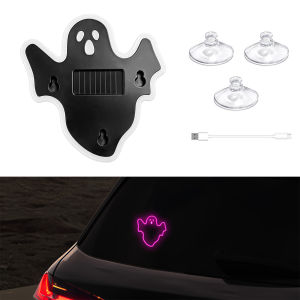 KEVANLY | 1pcs LED Solar Powered Halloween Ghost Shaped Windshield Colorful Neon Ambient Lights Rear Window Decoration Signal Lamp