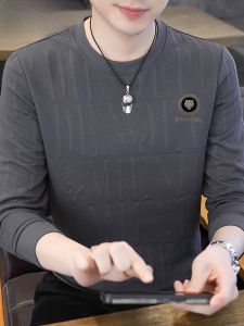 HENGYUANXIANG | Hengyuanxiang Mens Long Sleeve T-Shirt Round Neck Casual Embroidered Base Shirt Spring Autumn Fashionable Urban Style Top