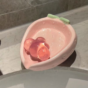 Cute Cartoon Strawberry Soap Dish Ceramic Drainage Holder for Bathroom Washstand No Drilling Required Household Use