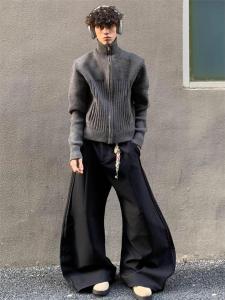 เสื้อสเวตเตอร์คาร์ดิแกนคอตั้งมีซิปสไตล์อเมริกันย้อนยุคสำหรับผู้ชายและผู้หญิง ฤดูใบไม้ร่วง/ฤดูหนาว ดีไซน์คู่รัก เสื้อสเวตเตอร์ถักอเนกประสงค์