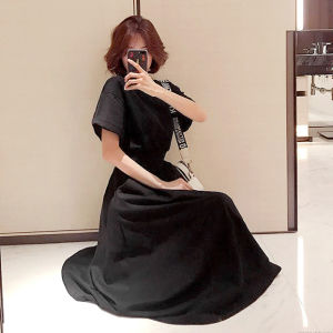Hebe Style Midi Skirt Dress Womens Slim Fit Waist Cinching Five-Quarter Sleeve Korean Version A-Line Dress Midi Length