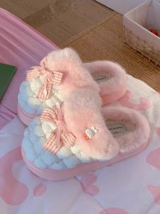 Thickened Fleece Cotton Slippers Sweet Butterfly Knot Bubble Pattern Home Shoes Warm Anti-Slip Winter Women Low Heel EVA Bottom