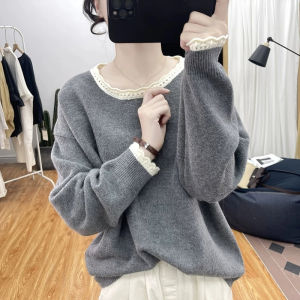 Elegant Oversized Knitwear Womens round Neck Base Shirt Floral Lace Collar Color Block Loose Fit Long Sleeve Autumn T-Shirt
