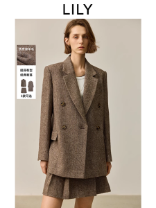 LILY Thickened Wool Blend Tweed Advanced Shape Commuter Suit Jacket Winter New Womens Fashion Polyester Wool Blend Long Sleeve Coat