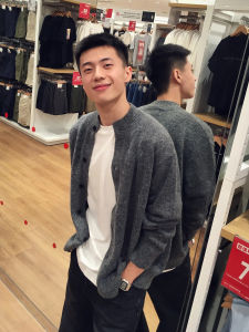 Gray Loose Knitted Cardigan Mens Sweater Autumn Casual Style Slim Fit Short Sleeve round Neck Print Regular Length Coat