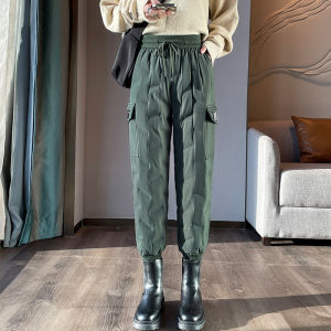 LANGPIN | Winter Warm High Waist Zipper Elastic Down Filled Pants Women Thickened Lightweight Trousers Comfortable Loose Slimming