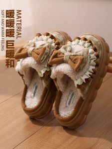 Thick Bottom Cotton Slippers Womens Winter New Butterfly Knot Cute Fleece Indoor Home Anti-slip Cotton Slippers Ladies
