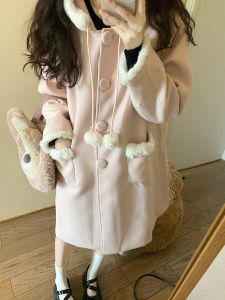 Winter Pink Woolen Coat Womens Japanese Style Cute Hooded Patchwork White Fleece Collar Cotton Blend Medium Length Petite Size