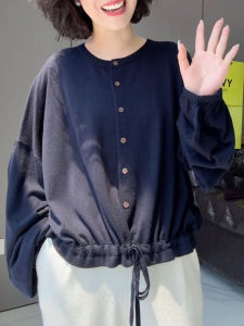 SUOXIMENG | Large Size Indigo Round Neck Lantern Sleeve Top Womens Fashion Trend Ageless Versatile Comfortable Moisture Wicking Long Sleeve