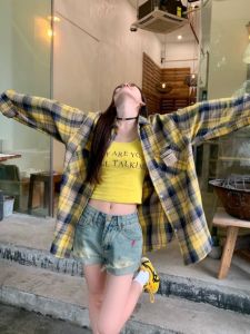 Retro Hong Kong Style Womens Loose Long Sleeve Plaid Shirt Autumn Outerwear Casual Breathable Polyester Fibre POLO Collar