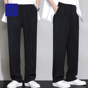 ROMON | Lormen Mens Straight Leg Casual Pants Ice Silk Drapey Wide Leg Long Summer Suit Trousers Spring Autumn Loose Fit Youth Fashion