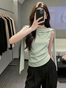 SHUAIYUE | Áo Vest Không T Tay Xanh Lá Cụt Bất Quy tắc Phong Cách Pháp Sang Trọng Mùa Hè
