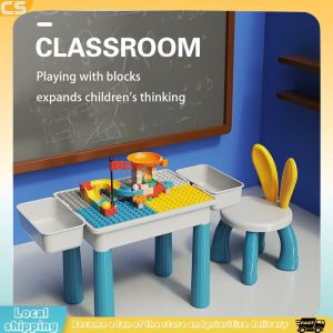 Table Multi-Function Building Block Table Learning Table Set Blocks Table and Chair for Kids ChildrenS Building Block Multi-Function Study Table Learning Play Table Set with 1 Chair and 1 Table with 2 Storage Basket and about 100pcs Blocks