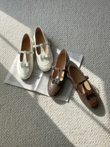 Leather French Round Toe T-Strap Bow Low Heel Flat Mary Jane Shoes