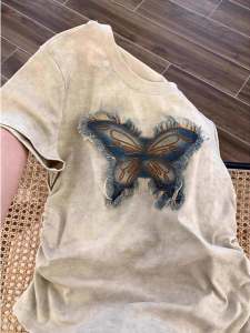 Áo Thun Tay Ngắn Thêu Bướm Cổ Tròn Dáng Ôm Vừa Vặn Mùa Hè Phong Cách Mới Thiết Kế Nhỏ Gọn Tay Ngắn Chất Liệu Cotton