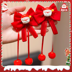 2 pcs Christmas Red Bowtie Hairpins Festive Furry Tassel Santa Elements Hair Accessories for Girls Holiday Daily Styling Parties