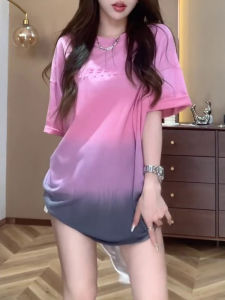 Sweet Gradient Pink Short Sleeve T-Shirt Womens Fashion Korean Style Loose Fit Summer Top Online Exclusive Flower Slant