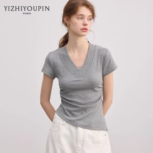 เสื้อยืดคอวีแขนสั้นผู้หญิงทรงเข้ารูป ทรงสลิมฟิต สไตล์ฤดูร้อน แขนสั้น ทรงเข้ารูป ทรงเข้ารูป เสื้อยืดผู้หญิง