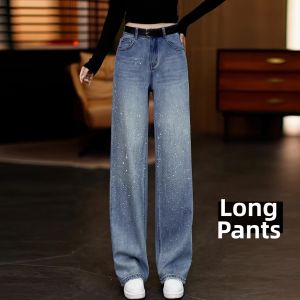 XIANGHOUMINCHU | Glittering Rhinestone Blue Denim Trousers Slim Wide Leg