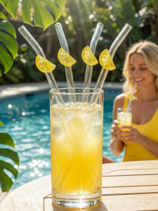 1/5PCS Reusable Lemon Slice Decorated Glass Straw Bendable Transparent Drinking Straw Kitchen Utensils Cups Partie Home Use