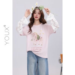 YOUXIANG | Áo Thun Nhiều Lớp Có Ren Hồng Phong Cách Hàn Quốc