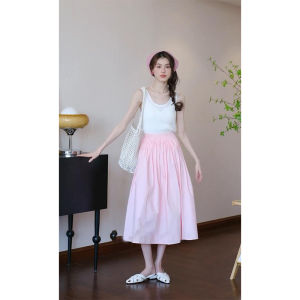 กระโปรงทรงเอเอวสูงสีชมพู กระโปรงทรงร่มยาวปานกลาง ทรงหลวม ดีไซน์เก๋ไก๋สำหรับผู้หญิง ฤดูใบไม้ผลิและฤดูร้อน 2024