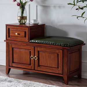Luxury Home Use Real Leather Backed Bench Wooden Shoe Cabinet Adult Footrest Storage Bench New Chinese Style Entrance Shoe Bench