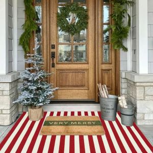 Christmas Red and White Stripe Outdoor Rug Layered Welcome Doormat Christmas Home Decor for Front Porch Decor Farmhouse Decor