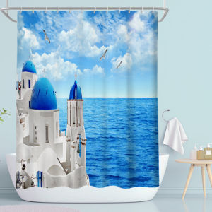 Nordic Style Machine Washable Waterproof Bathroom Curtain Mediterranean Street View Scene Aegean Sea Santorini Island
