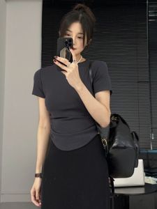 Stylish Side Pleated Waist Tight T-shirt Female Short Summer Slim Looking Close-Fitting Shirt Easiest for Match Fashionable Short Sleeve Tops