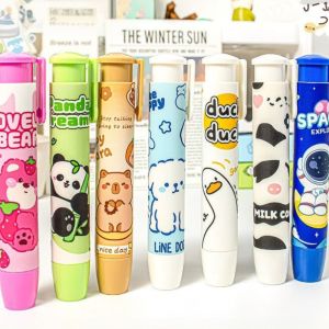 Retractable Push Eraser for Kids Cute Cartoon Press-to-Use Clean Low-Dust No-Trace Erasing Student Stationery Gift
