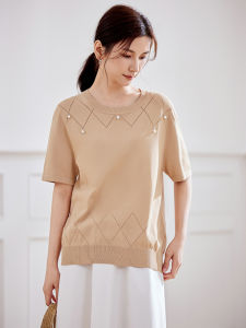 WANGGONGZHU | Ice Silk Hollow Knitted Short Sleeve T-Shirt Women Summer New Style Thin Bead Embellished Loose Fit Comfortable Slimming Effect