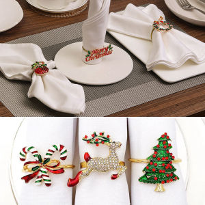 YESPERY Christmas Napkin Metal Ring Napkin Buckle Bow Wreath Bell Elk Santa Claus Home Dining Table Decoration