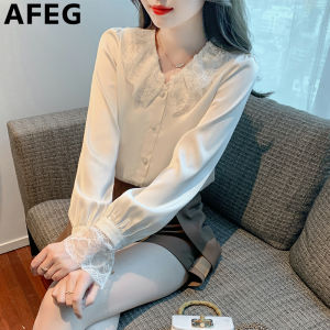 AFEG solid color Korean V-neck fashion loose temperament chiffon patchwork lace flared sleeve blouse
