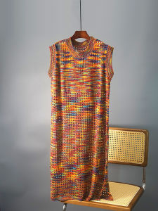 Summer Tie Dye Hollow out Sleeveless Dress Ice Silk Midi Loose plus Size Layering Mesh Knitwear Womens Straight Korean Style