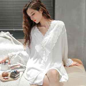 ชุดนอนผ้าไหมน้ำแข็งแขนยาวสีขาวเซ็กซี่คอวีแขนยาวเสื้อเชิ้ตผ้าไหมน้ำแข็งผู้หญิงฤดูใบไม้ร่วงฤดูใบไม้ผลิ ชุดนอนสตรี