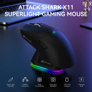 ATTACK SHARK | Attack Shark X11 Black Wireless Mouse Tri-Mode Connection 2.4GHz/Wired/Bluetooth PAW3311 22000DPI 400IPS RGB PC Gaming Mouse