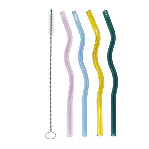 4Pcs Wavy Glass Straws Shatter Resistant Colored Glass Straws with 1 Cleaner Brush for Beverages Coffee Juice Cocktail Teas