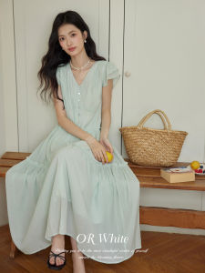 ORWhite French Vintage Double Layer Fairy Sleeve 3D Wooden Edge V-Neck Dress Women Summer Slimming Commuting A-Line Dress