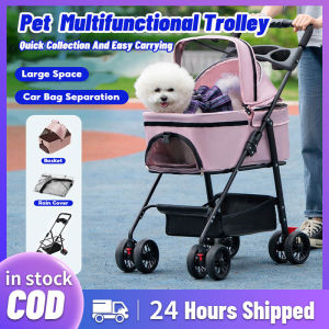 Pet Dog Cat Stroller Detachable Carrier 2-In-1 Pets Puppy Water-resistant Cover Collapsible Lightweight With Dinner Plate and Storage Basket