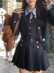 Hogwarts Senior Short ชุดสูท กระโปรง ชุดสไตล์วิทยาลัยเกาหลี สลิมฟิต ลายสก็อต เสื้อเชิ้ต โพลีเอสเตอร์ แขนยาวติดกระดุมแฟชั่นชุด